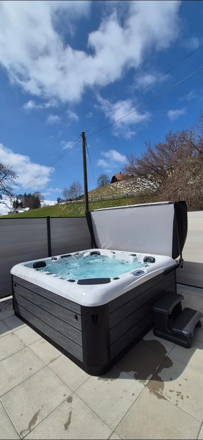 Idromassaggio scuro su terrazza lastricata con frangivista grigio