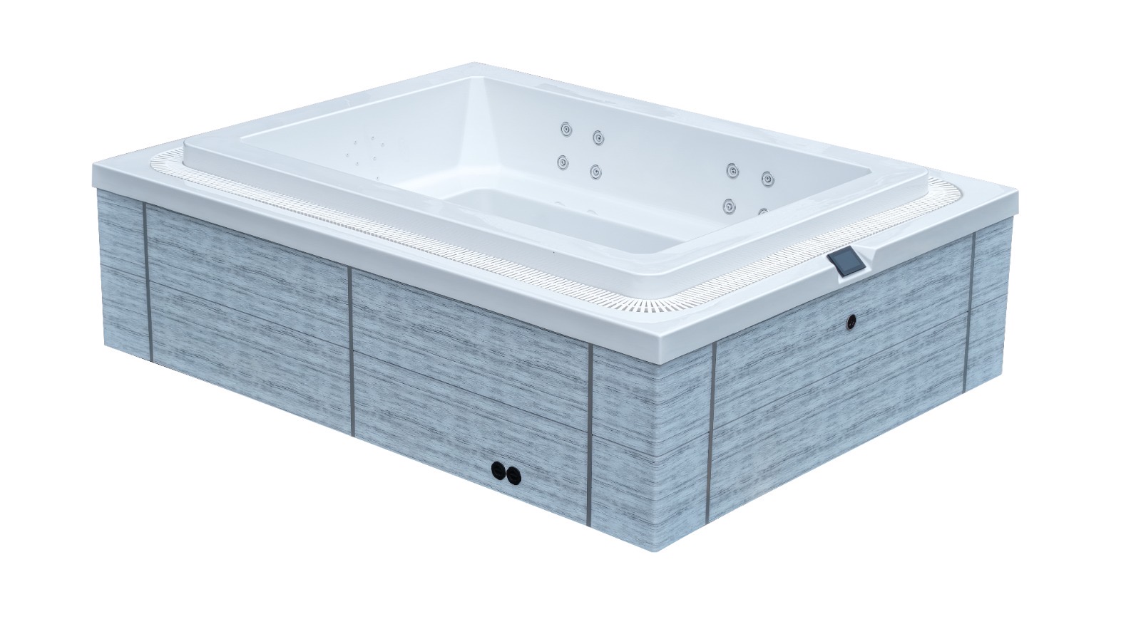 ALP SPA Kingston Infinity – schräge Gesamtansicht mit weisser Wanne und grauer Holzoptik-Verkleidung