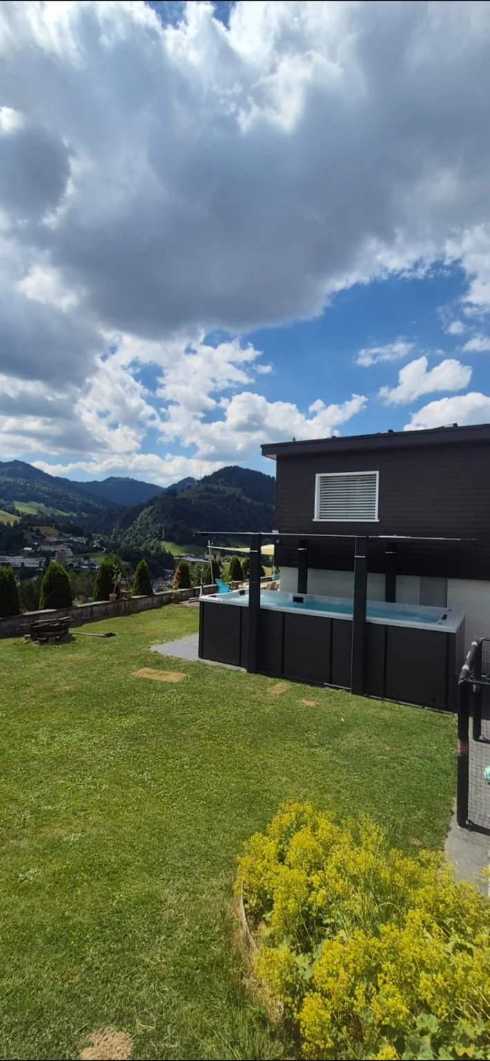 Lungo swim spa accanto a una casa in legno scuro, giardino di montagna